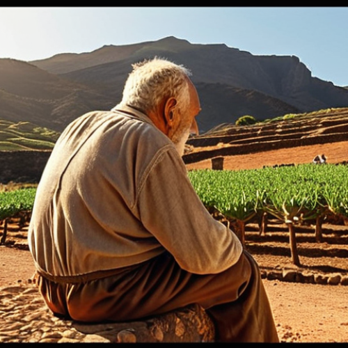 Home 11 **
"Canarian landscape, traditional village, sun-drenched fields, old man telling stories to a young person, Guanche heritage, sense of Canarian identity, warm colors, nostalgic atmosphere."
**