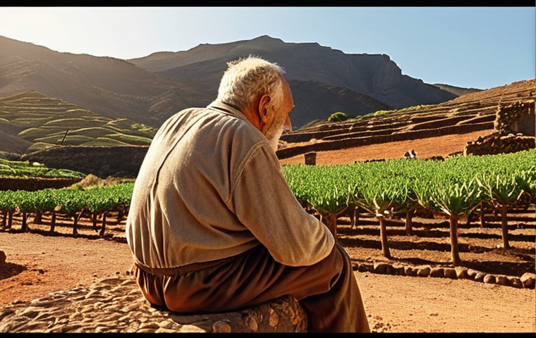 **

"Canarian landscape, traditional village, sun-drenched fields, old man telling stories to a young person, Guanche heritage, sense of Canarian identity, warm colors, nostalgic atmosphere."

**