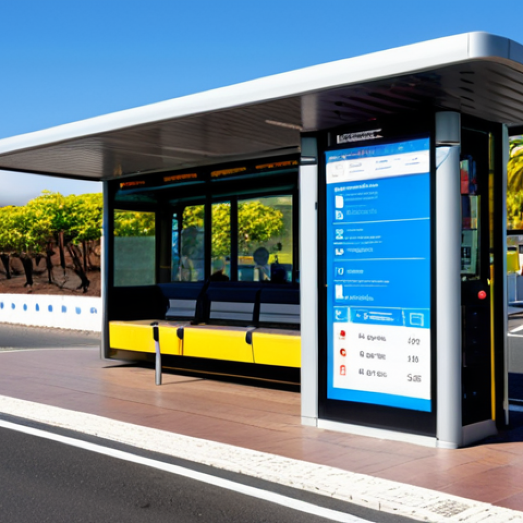 Modern Bus Stop in Tenerife**

A modern, fully enclosed bus stop in Tenerife, Canary Islands. The bus stop features electronic displays showing real-time bus schedules. Several fully clothed people are waiting inside. In the background, a modern bus pulls up to the curb. The scene is bright and sunny. Focus on clean design and functionality.  Safe for work, appropriate content, family-friendly, professional design, perfect anatomy, correct proportions, well-formed hands, proper finger count.

**