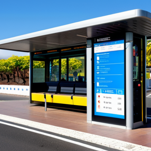 Home 6 Modern Bus Stop in Tenerife**
A modern, fully enclosed bus stop in Tenerife, Canary Islands. The bus stop features electronic displays showing real-time bus schedules. Several fully clothed people are waiting inside. In the background, a modern bus pulls up to the curb. The scene is bright and sunny. Focus on clean design and functionality. Safe for work, appropriate content, family-friendly, professional design, perfect anatomy, correct proportions, well-formed hands, proper finger count.
**