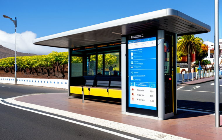 Modern Bus Stop in Tenerife**

A modern, fully enclosed bus stop in Tenerife, Canary Islands. The bus stop features electronic displays showing real-time bus schedules. Several fully clothed people are waiting inside. In the background, a modern bus pulls up to the curb. The scene is bright and sunny. Focus on clean design and functionality.  Safe for work, appropriate content, family-friendly, professional design, perfect anatomy, correct proportions, well-formed hands, proper finger count.

**