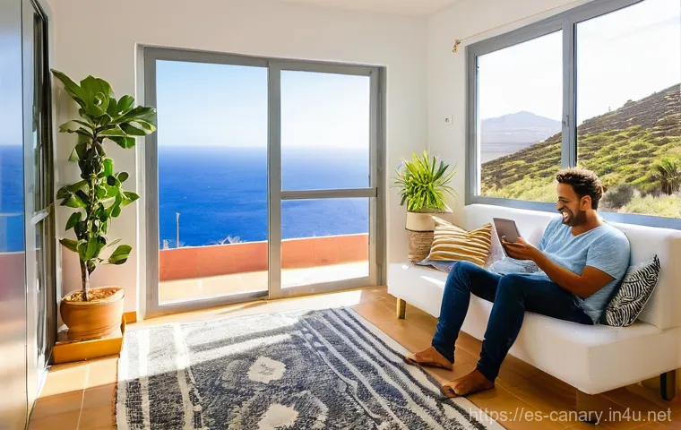 카나리아제도 부동산 가격 상승 - **Prompt 2: Teleworker Lifestyle vs. Local Reality in the Canary Islands**
    An interior shot of a...