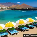 카나리아제도 경제 성장사 - A vibrant coastal scene of the Canary Islands during peak tourist season: golden sandy beaches fille...