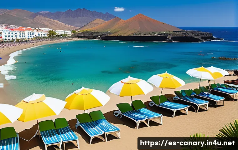 카나리아제도 경제 성장사 - A vibrant coastal scene of the Canary Islands during peak tourist season: golden sandy beaches fille...