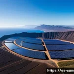 카나리아제도 에너지 정책 - A panoramic aerial view of the Canary Islands showcasing a vast solar farm with thousands of photovo...