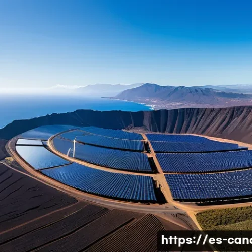 카나리아제도 에너지 정책 - A panoramic aerial view of the Canary Islands showcasing a vast solar farm with thousands of photovo...