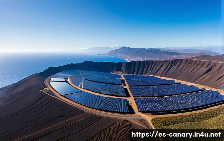 카나리아제도 에너지 정책 - A panoramic aerial view of the Canary Islands showcasing a vast solar farm with thousands of photovo...