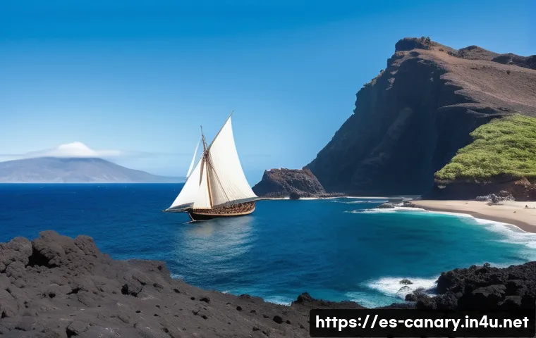 카나리아제도 스페인 정복사 - A detailed historical scene depicting the first European explorers arriving at the Canary Islands in...