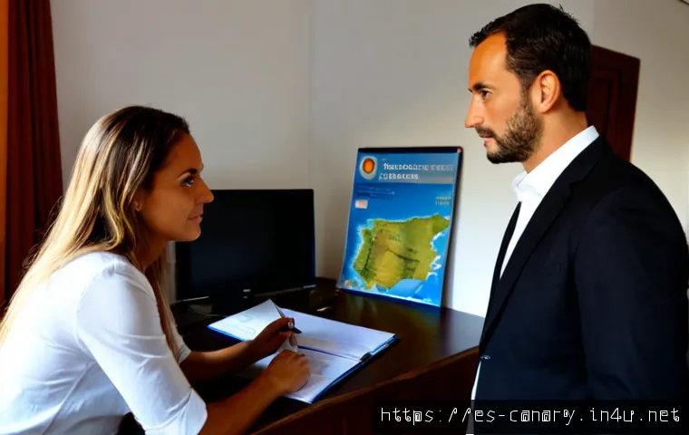 카나리아제도 현지 법규 - Photorealistic scene of a Spanish legal advisor in a bright Tenerife office explaining local regulat...